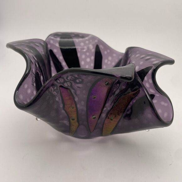 Art Glass Iridescent Dichroic Purple Folded HANDKERCHIEF Vase Bowl Studio Beaded - Picture 1 of 12